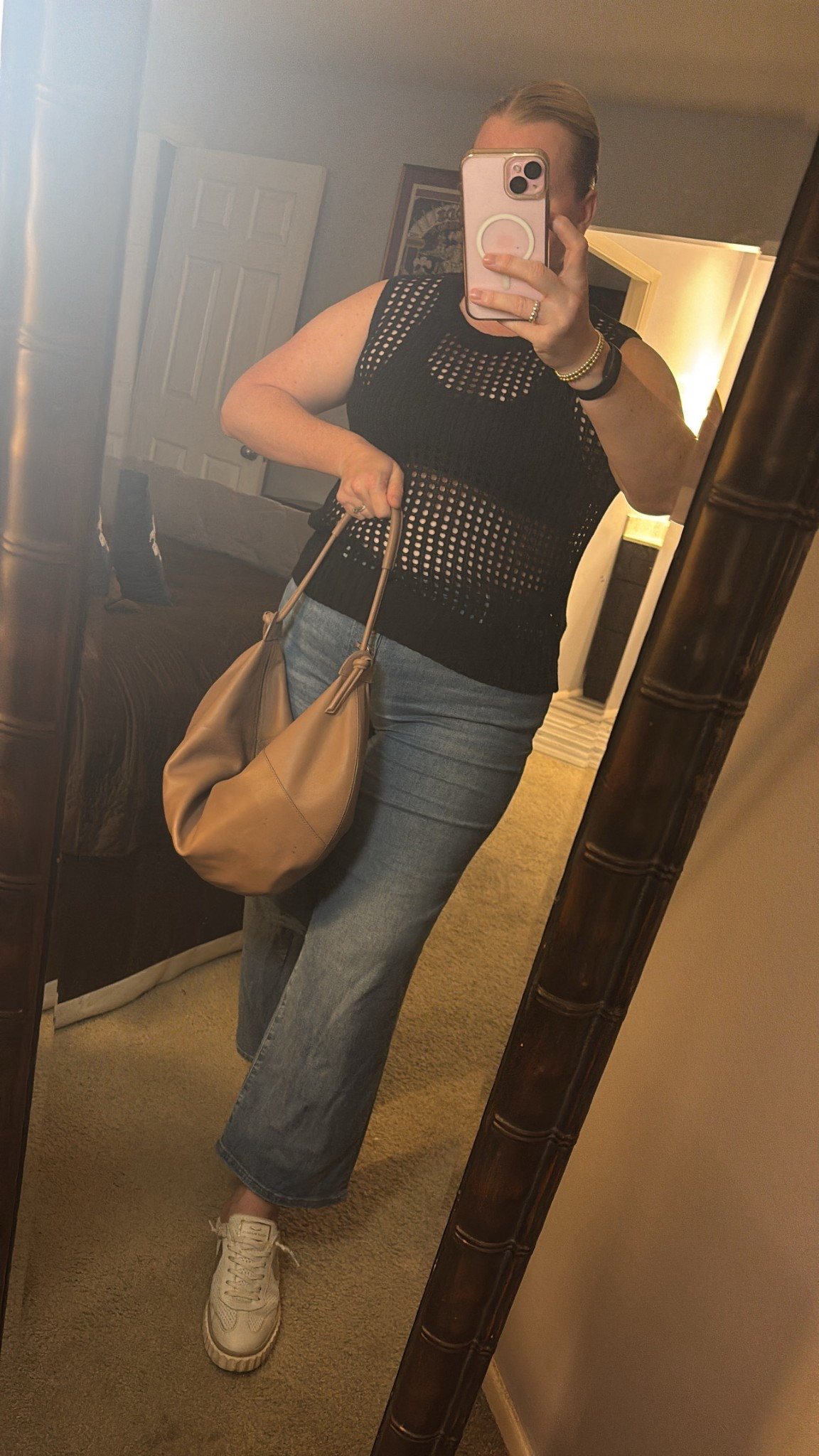 Summer time casual, wide leg jeans, crochet, crochet top, sweater, summer sweater, taupe bag, sneakers 