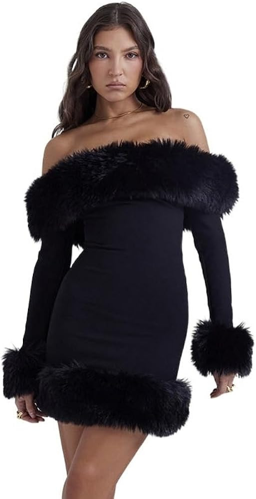 EVMILA 2023 Women's Fur Collar One Shoulder Long Sleeve Dress | Amazon (US)
