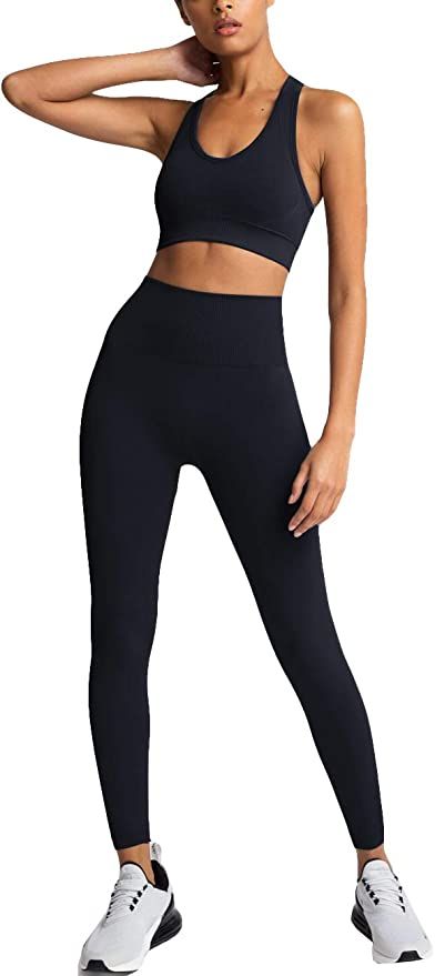HAODIAN Women's Yoga Outfits 2 Piece High Waisted Leggings with Sports Bra Gym Clothes Sets | Amazon (US)