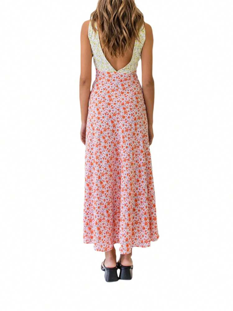 Womens Summer Midi Dress, Bohemian Deep V Neck Sleeveless Floral Print Beach Dress | SHEIN