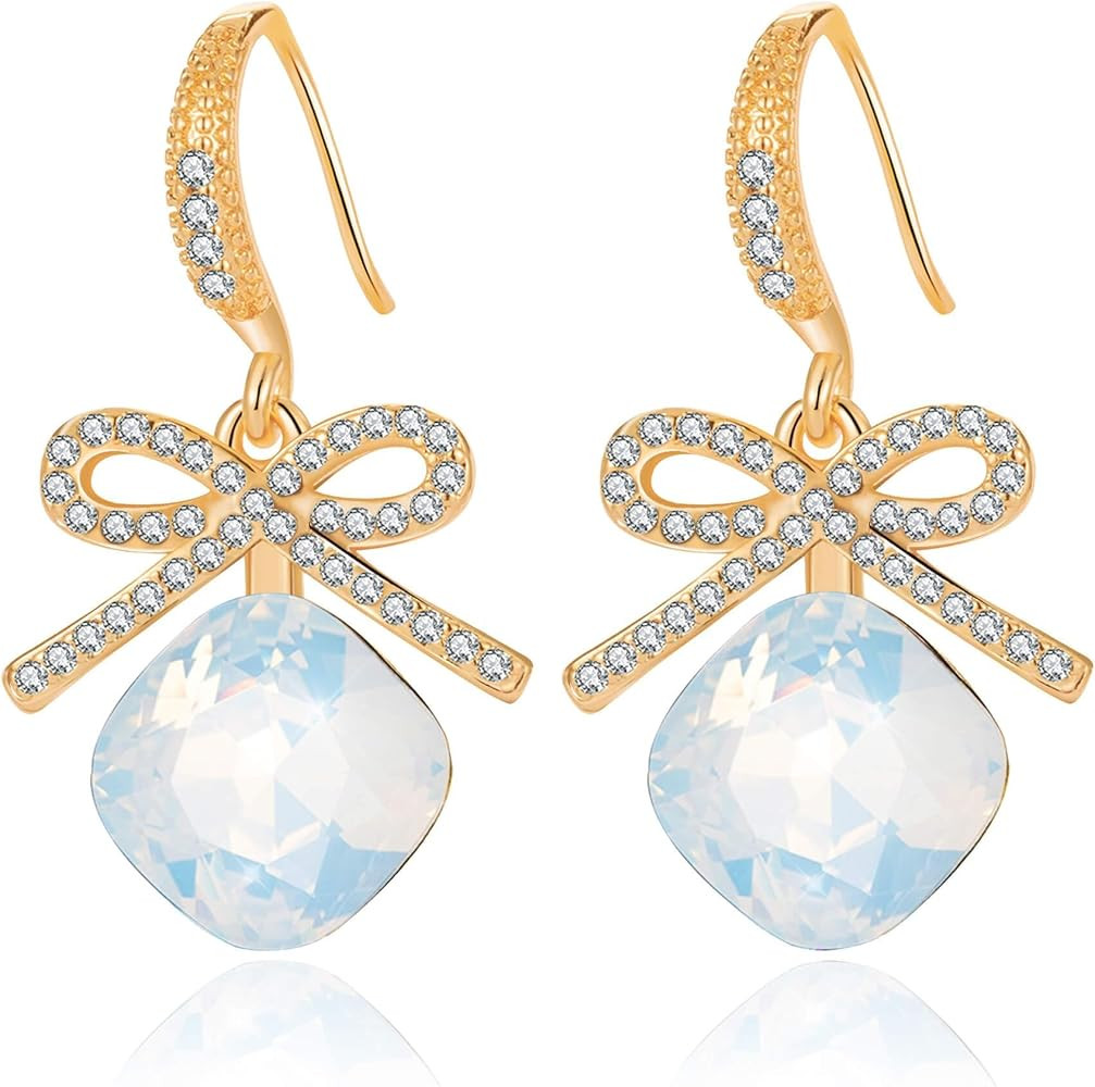 EVEVIC Austrian Crystal Cushion Bow Drop Earrings for Women 14K Gold Plated Hypoallergenic Dangle... | Amazon (US)