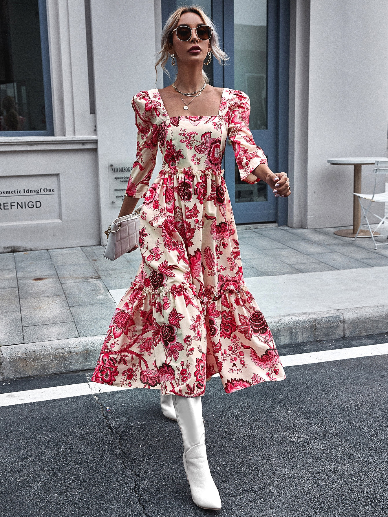 Square Neck Floral Print Ruffle Hem Dress | SHEIN