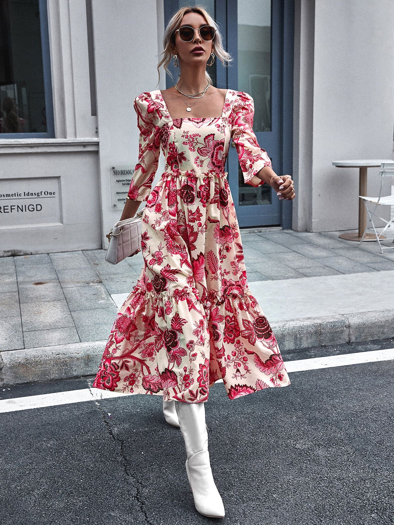 Square Neck Floral Print Ruffle Hem Dress | SHEIN