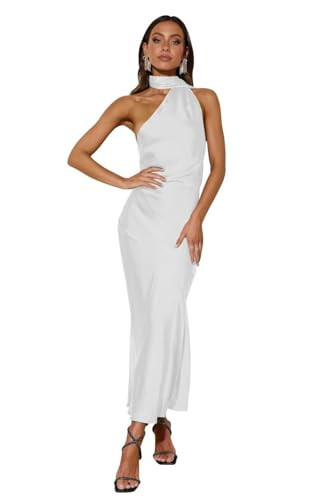 Ternlm Halter Bridesmaid Dresses 2025 Long for Women Satin Bodycon Wedding Guest Dress White | Amazon (US)