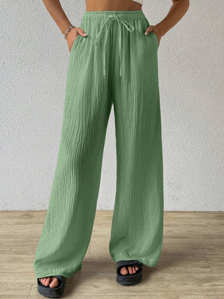 SHEIN EZwear Women Summer Fashionable Casual Texture Creased Loose Wide-Leg Pants | SHEIN