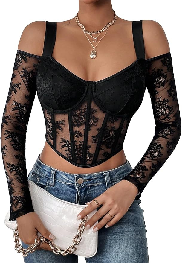 SHENHE Women's Cold Shoulder Sheer Lace Sexy Long Sleeve Bustier Fitted Crop Top | Amazon (US)