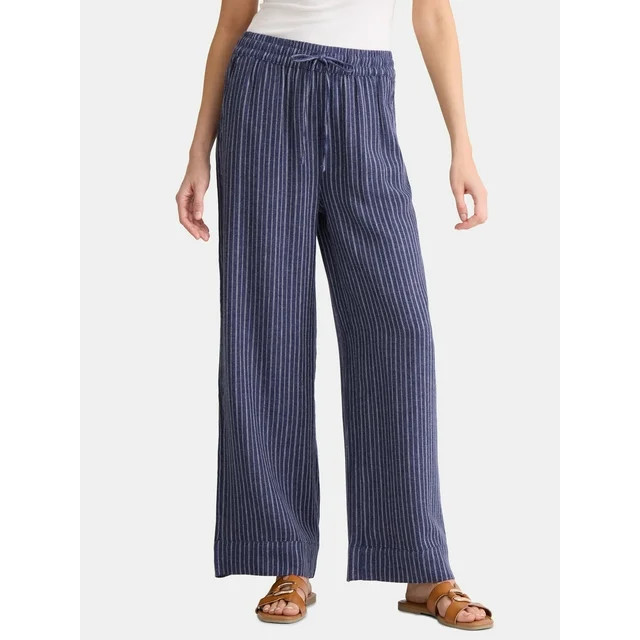 Time and Tru Women's and Women's Plus Wide Leg Linen Blend Pants, 29" Inseam, Sizes XS-4X | Walmart (US)