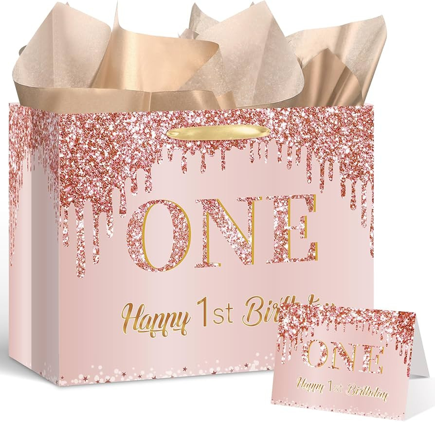 Yoirrat Rose Gold One 1st Birthday Gift Bag for Baby Girls Large Pink Happy 1st Birthday Gift Bag... | Amazon (US)