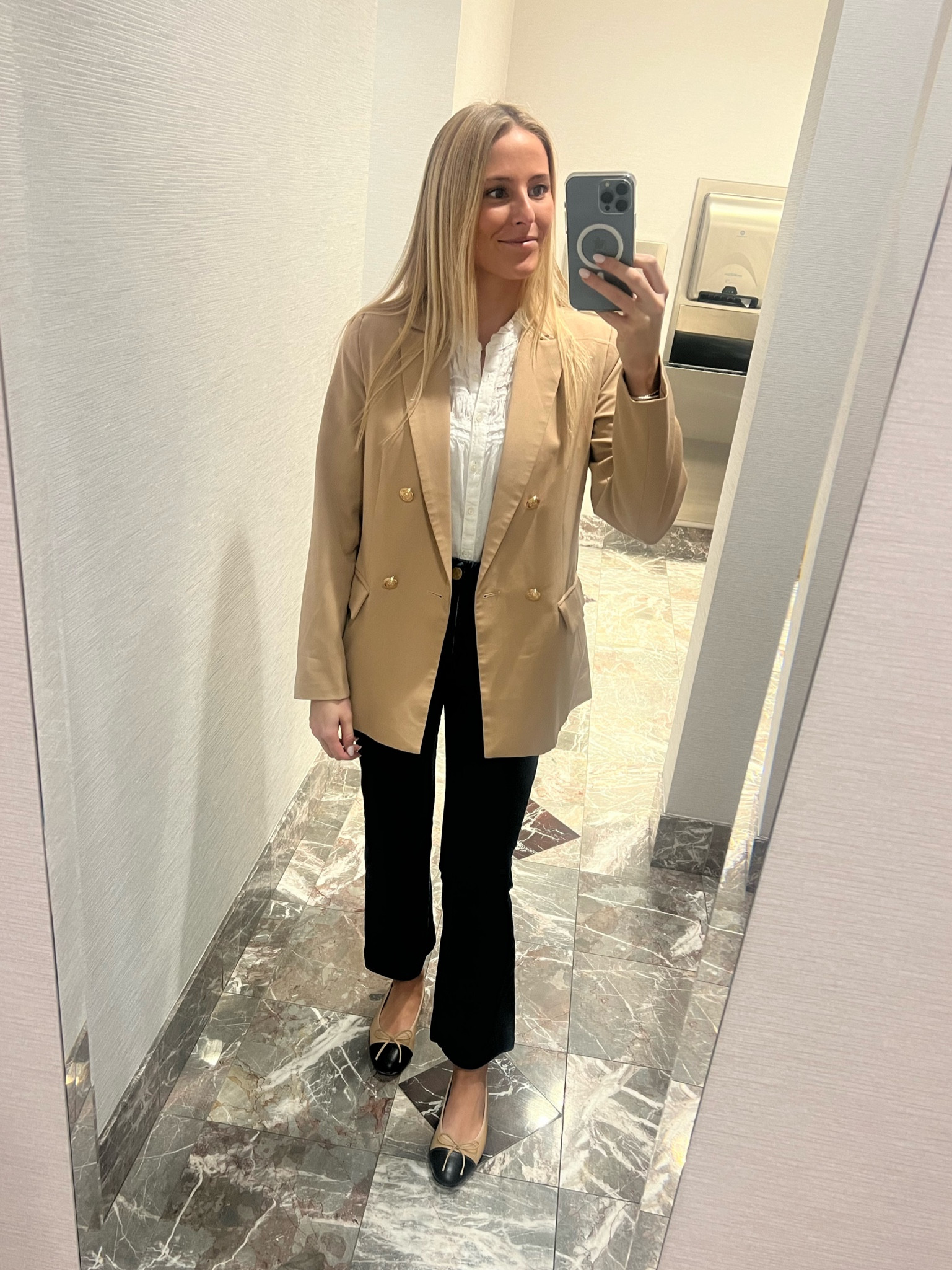 My favorite work outfit - this Amazon blazer, a white blouse or tee, my favorite jeans with gold buttons and my Amazon Chanel dupe flats! Comfortable and easy. I also love that this blazer has pockets that aren’t sealed! It is also very lightweight so great for year round and elevates any outfit! 

#LTKshoecrush #LTKworkwear #LTKfindsunder100