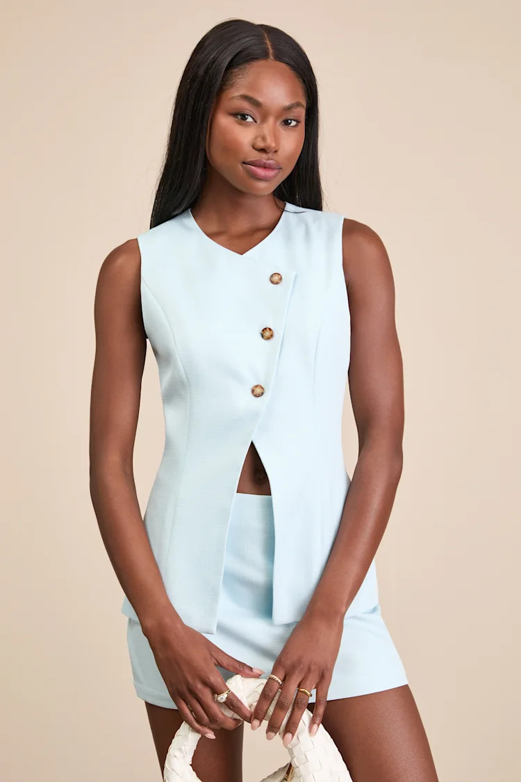 Teslee Light Blue Textured Asymmetrical Vest Top | Lulus