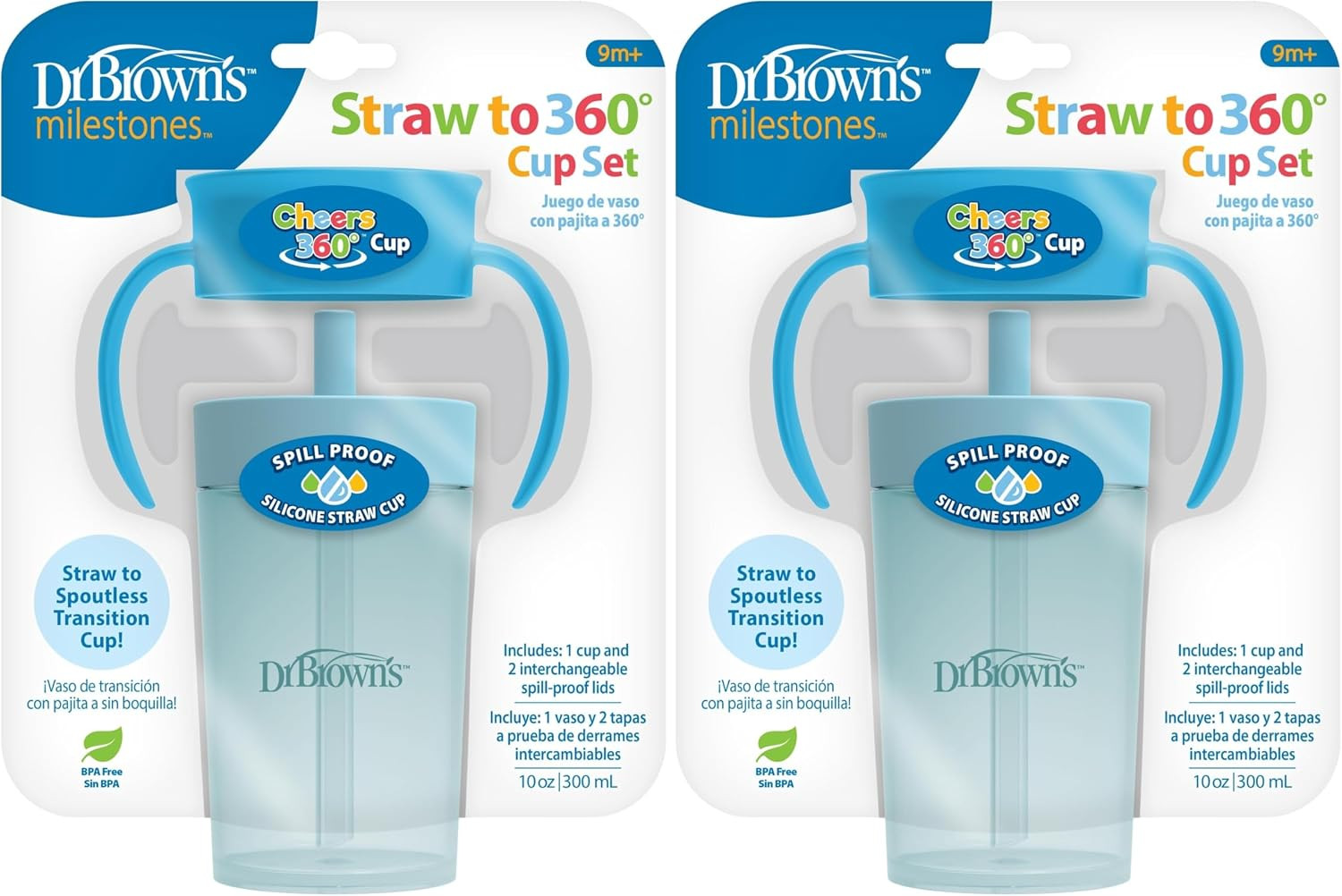 Dr. Brown's Milestones Straw to 360 Convertible Toddler Training Cup Set with Interchangeable Silicone Straw and 360 Degree Cup Lids, Blue Ocean, 10 oz/300 mL, BPA-Free, 9m+, 2-Pack | Amazon (US)