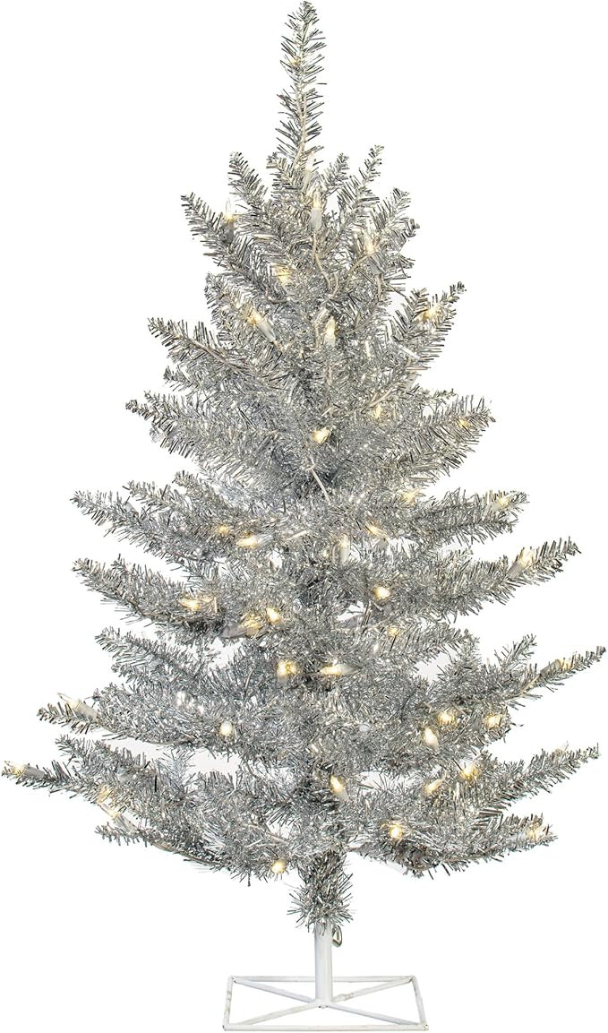 Vickerman 3' Silver Tinsel Fir Artificial Christmas Tree - Warm White Dura-lit LED Lights - Faux ... | Amazon (US)