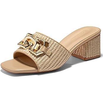 Coutgo Womens Raffia Slide Sandals Chunky Block Heeled Square Open Toe Metal Chain Slip on Mules ... | Amazon (US)