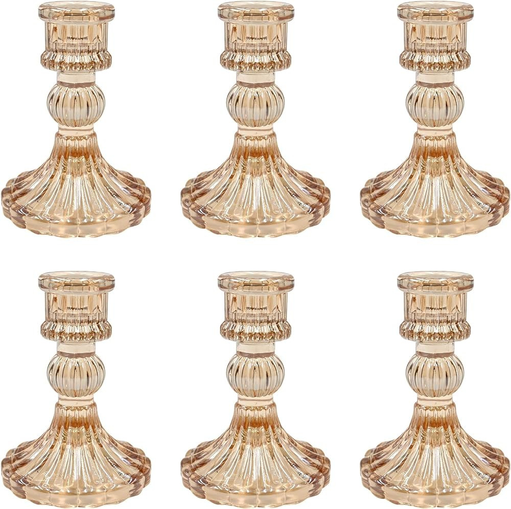 Showin Glass Candlestick Holders Set of 6, Champagne Stripe Taper Candle Holders for Table Center... | Amazon (US)