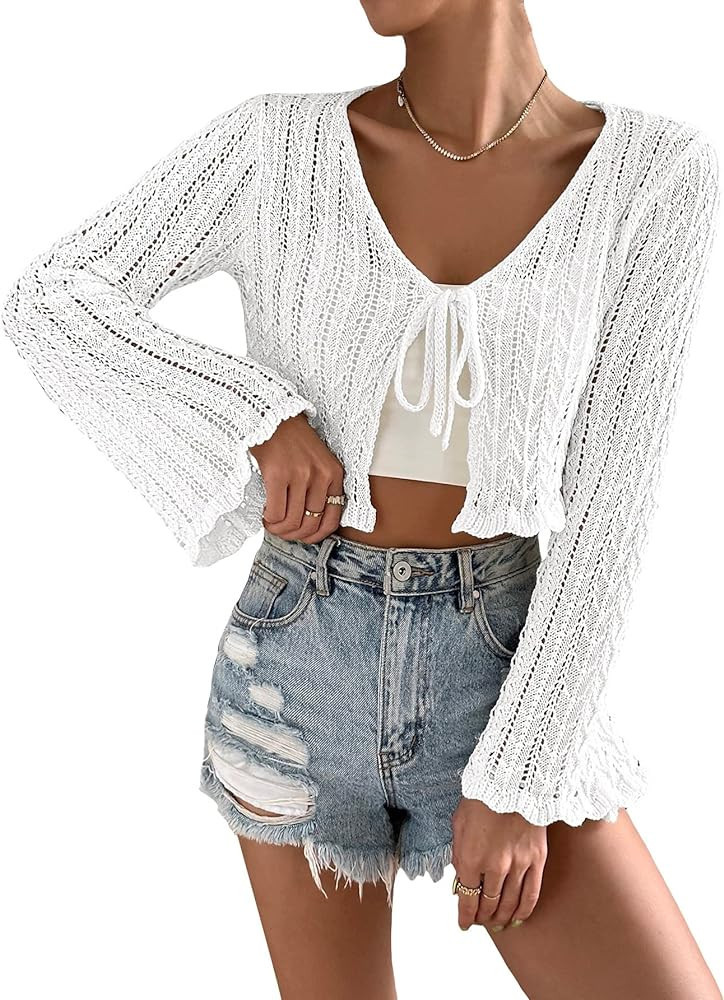 SOLY HUX Women's Tie Front Tops Bell Long Sleeve Knit Crochet Cardigan Crop Top Solid Blue S | Amazon (US)