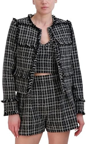 BCBGMAXAZRIA Womens Round Neck Long Sleeve Tweed Jacket | Amazon (US)