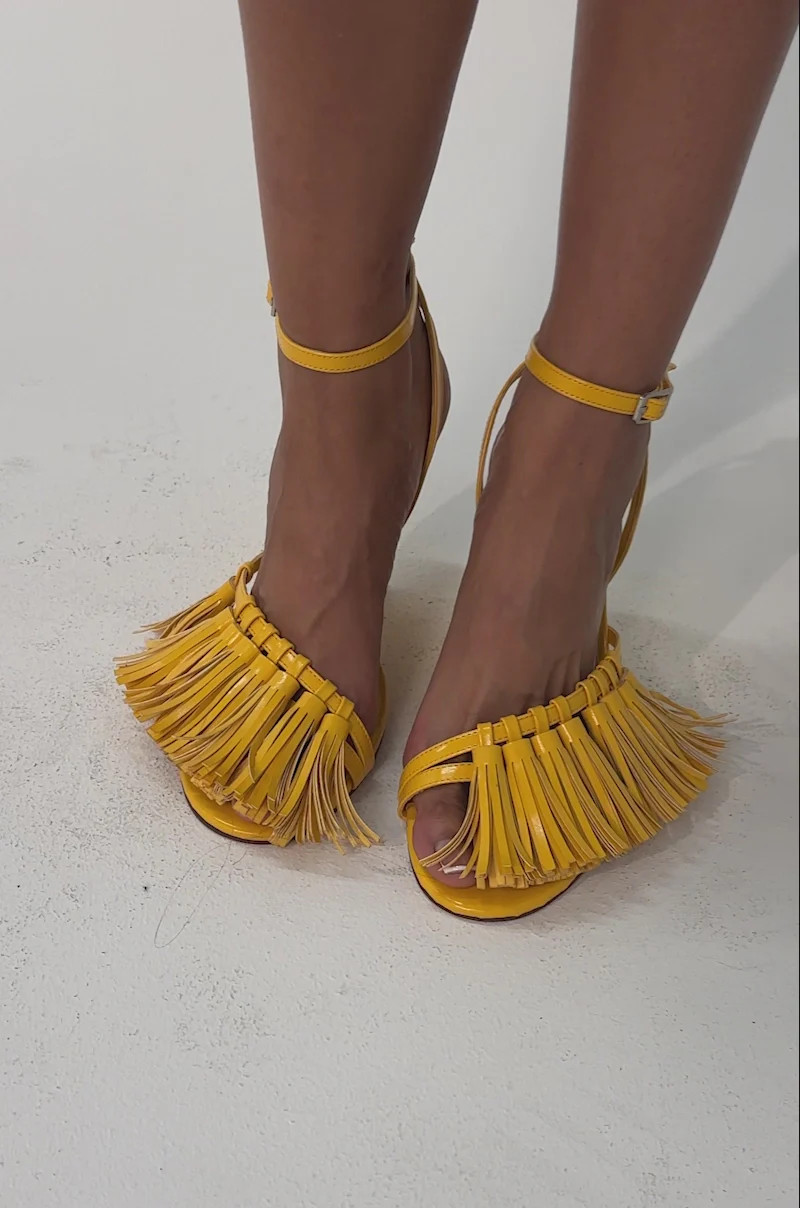 AZALEA WANG PHRIXOS YELLOW WEDGE FRINGE PU SANDAL | AKIRA