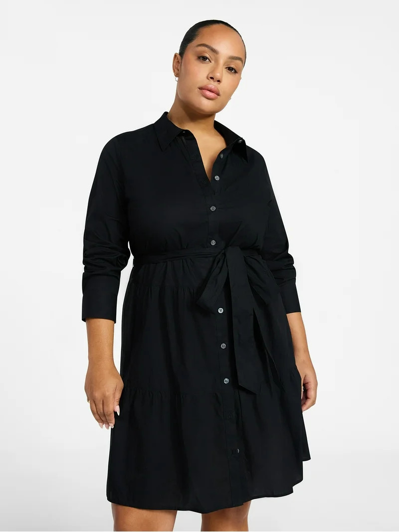 Terra & Sky Women's Plus Size Tiered Shirt Dress with Long Sleeves, Sizes 0X-5X | Walmart (US)