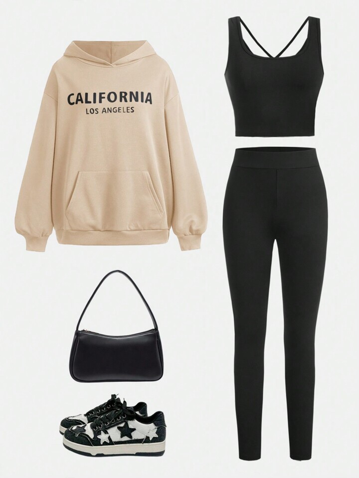 SHEIN Female Teenagers Knitted Letter Pattern Hooded Sweatshirt Vest Leggings Casual Suit | SHEIN