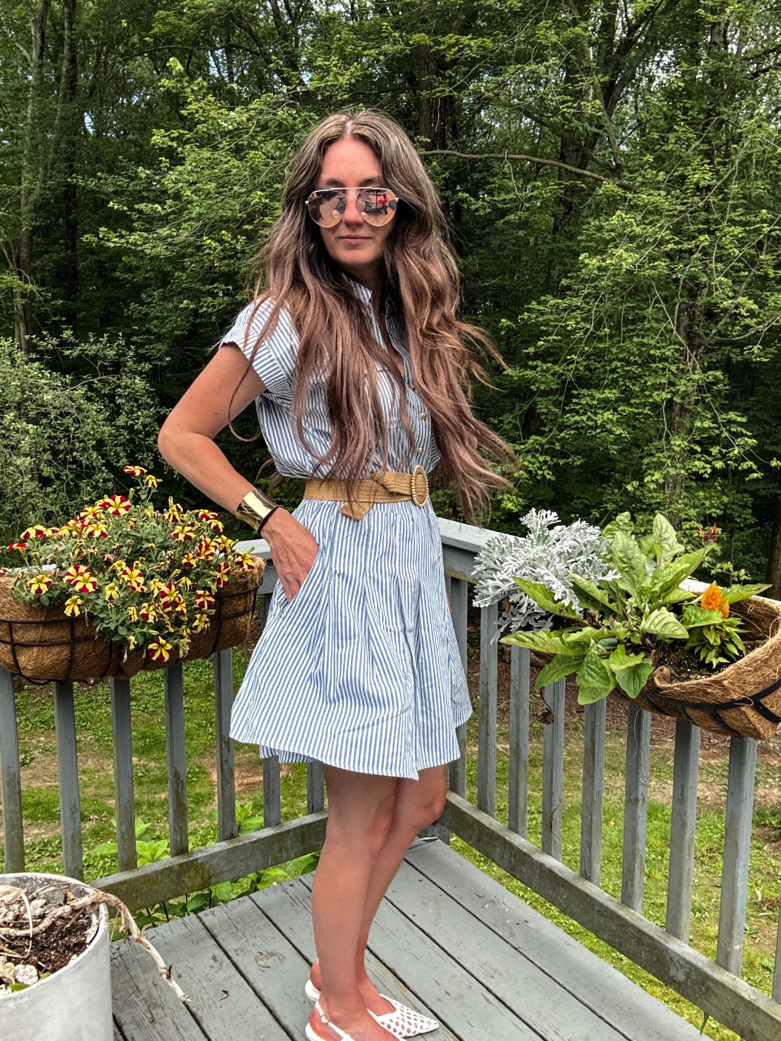 VICI Blue and white stripe dress with elastic waist. Has pockets and buttons on the top front. I would size down. I’m usually a medium or small and a small would have been better. I’m 5’7, 140lbs  

#LTKSeasonal #LTKOver40 #LTKSummerEdit