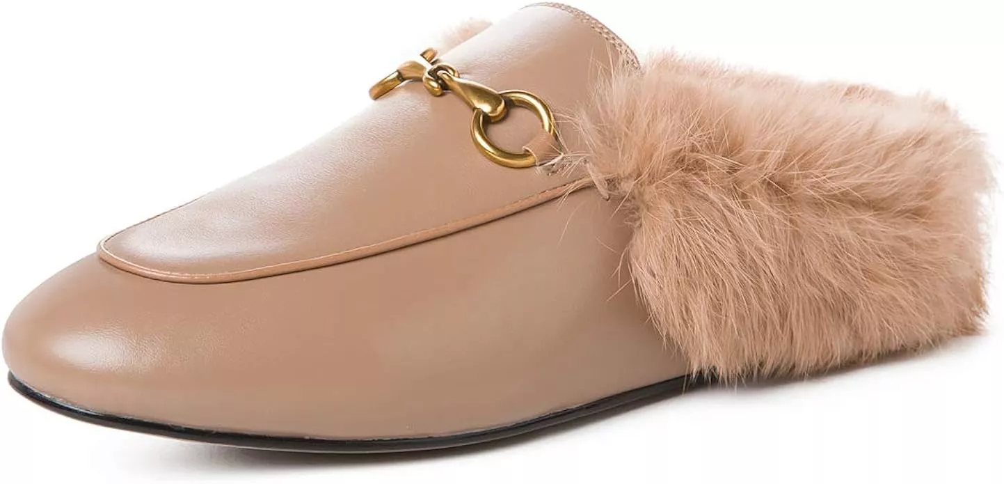  Arqa Fur Mules for Women Chain Leather Low Heel Mule Fluffy  Comfort Loafers Casual Slip-on Flat Shoes | Mules & Clogs