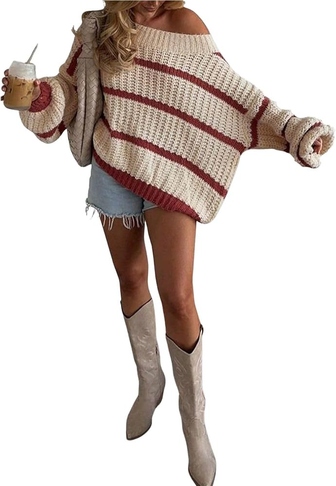 Verdusa Women‘s Off The Shoulder Sweater Striped Color Block Chunky Oversized Cozy Sweaters Win... | Amazon (US)