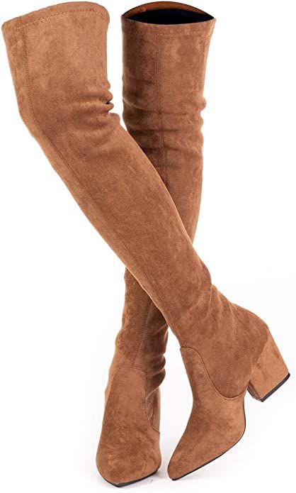 Thigh High Block Heel Boot Women Pointed Toe Stretch Over The Knee Boots | Amazon (US)