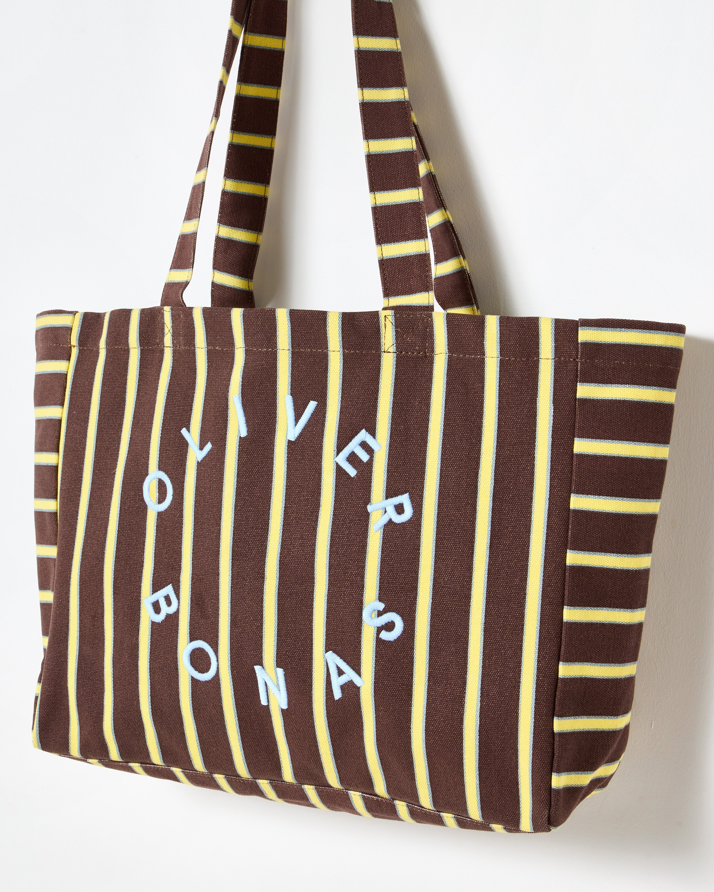 Chocolate Brown & Yellow Striped Logo Fabric Tote Shopper Bag | Oliver Bonas (Global)