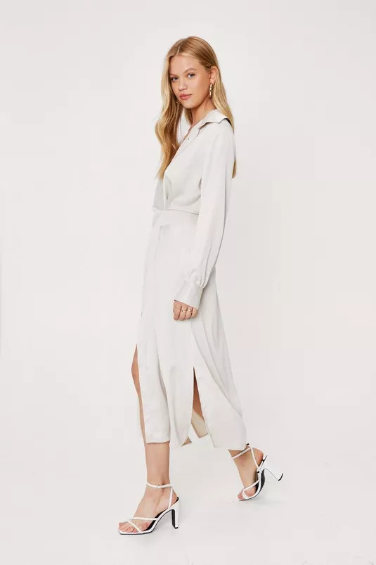 Wrap Front Satin Midi Shirt Dress | Nasty Gal (US)