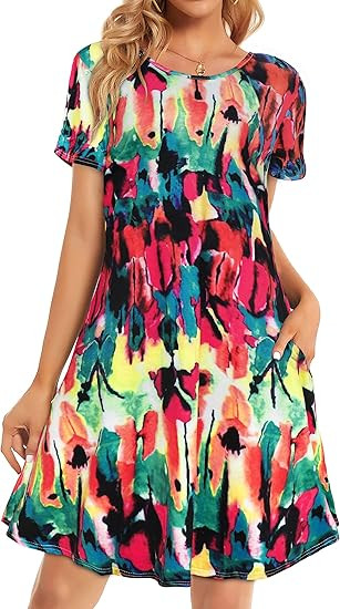 Womens Summer Dresses Beach Casual Loose Tshirt Floral Short Sleeve Flowy Pockets Sundresses | Amazon (US)
