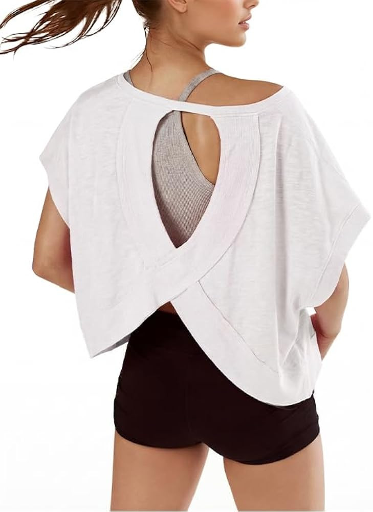 denking Women Open Back Workout Tops 100% Cotton Short Sleeve Tops Casual Yoga Athletic Gym Running Crop Cute Oversize Tees | Amazon (US)