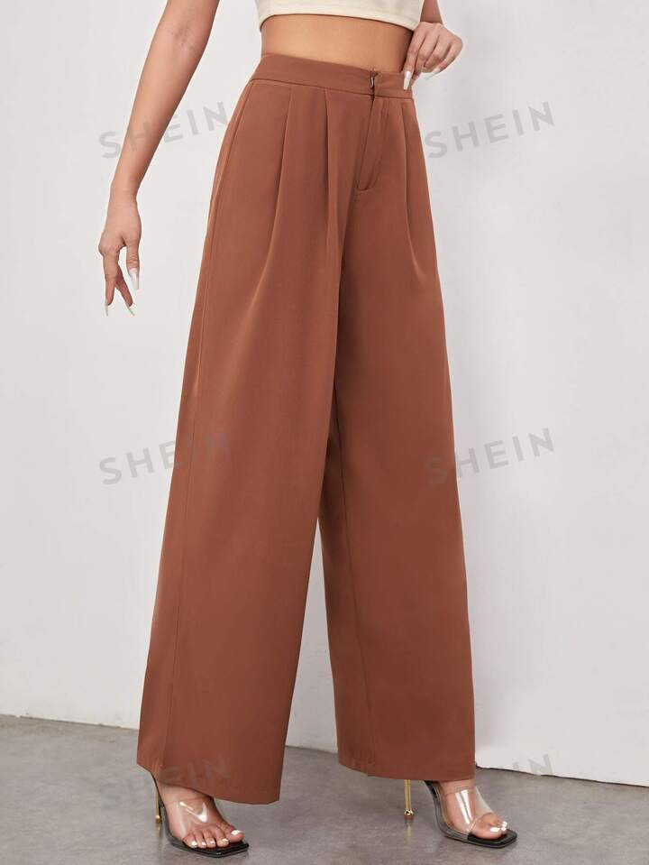 SHEIN Privé Plissado Zíper Simples ocasional Calça Feminina | SHEIN