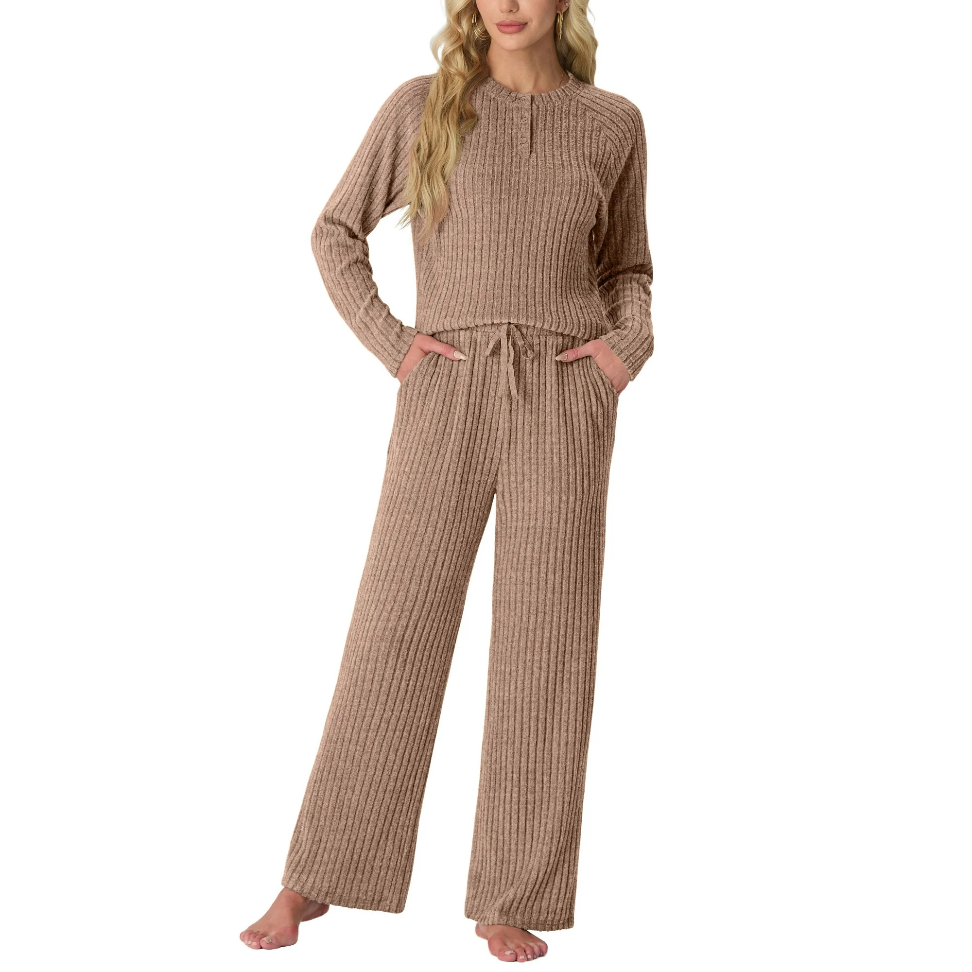 MINTREUS Women's Pajama Set Long Sleeve Lounge Set Ribbed knit Sleepwear Two Piece Pjs Set with P... | Walmart (US)