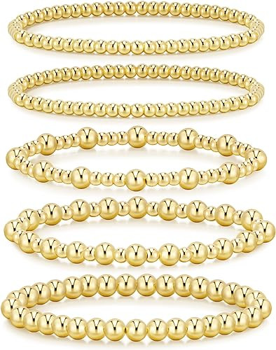 adoyi Gold Bracelets for Women Waterproof, 14K Gold Plated Beaded Strand Bead Ball Bracelets stac... | Amazon (US)