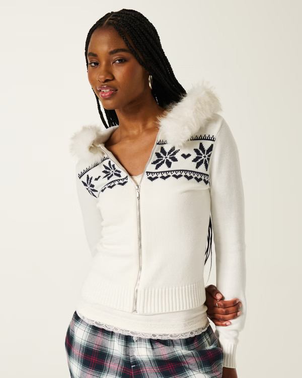 Hooded Faux Fur trim Fair Isle Zip-Up Sweater | Hollister (US)
