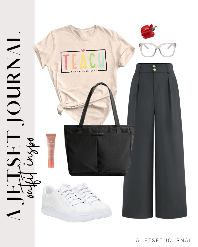 The last fit in this collection is a teacher tee plus BTFBM wide-leg dress pants. For this look, you can use a Bellroy Tokyo Wonder tote and these cute claw clips. Complete the look with Naturium Phyto-Glow Lip Balm and Cole Haan platform sneakers. 

 #LTKSeasonal #LTKSaleAlert #LTKTravel