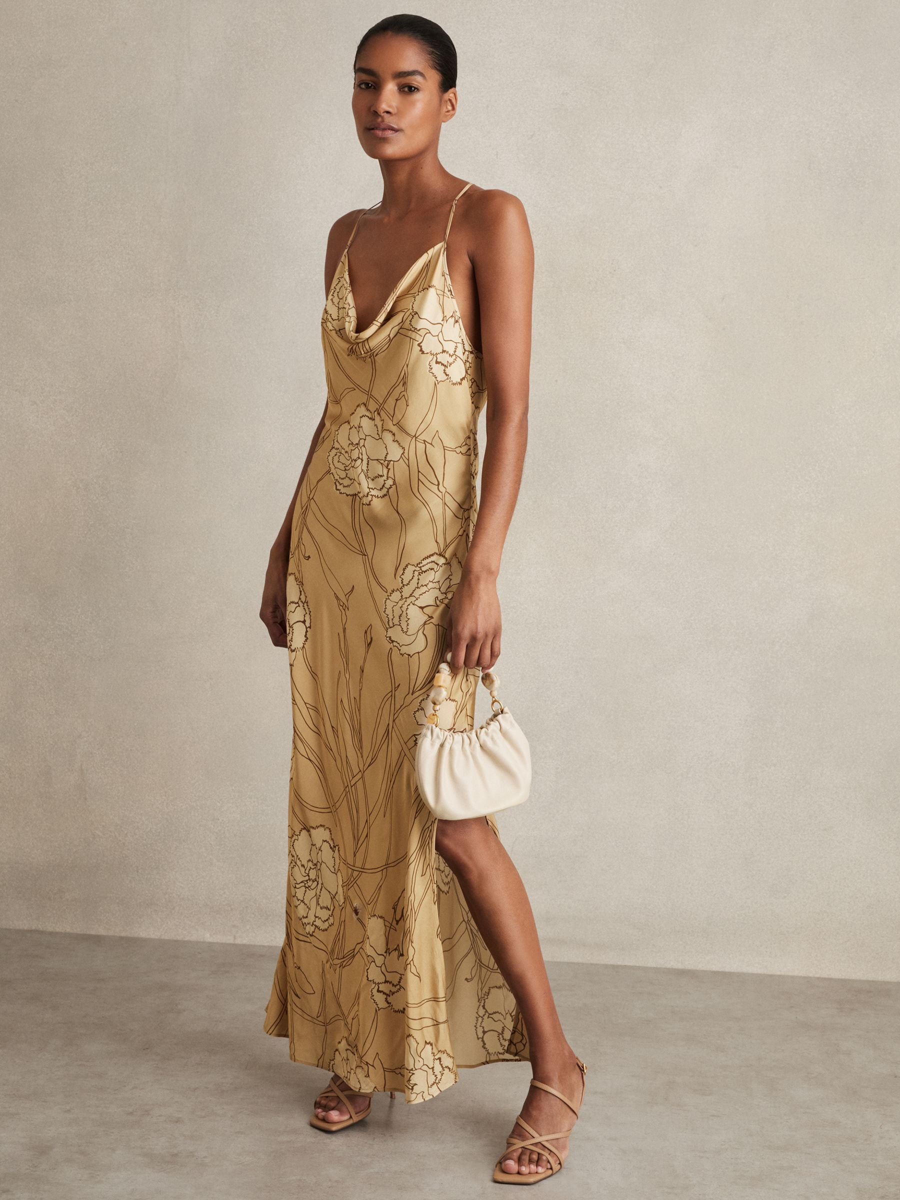 Satin Floral-Print Slip Maxi Dress in Gold | Reiss UK
