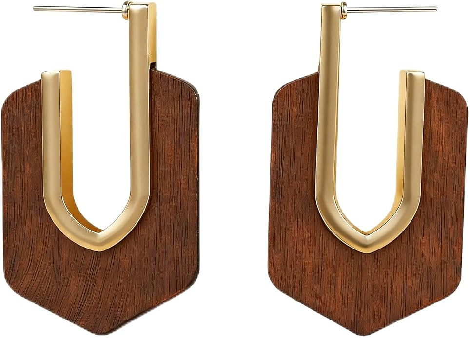 Boho Wooden Dangle Earrings for Women Vintage Brown Wood Hypoallergenic Alloy Hoop Geometric Tear... | Amazon (US)