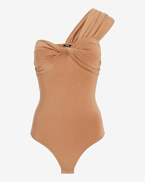 Body Contour Silky One Shoulder Twist Thong Bodysuit | Express
