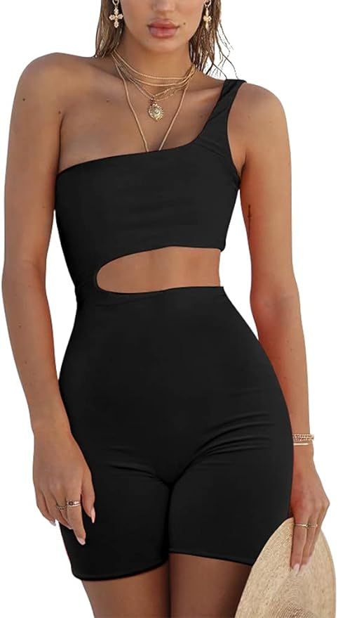 YMDUCH Women's Sexy Summer Bodycon One Shoulder Cutout Short Jumpsuit Club Rompers | Amazon (US)