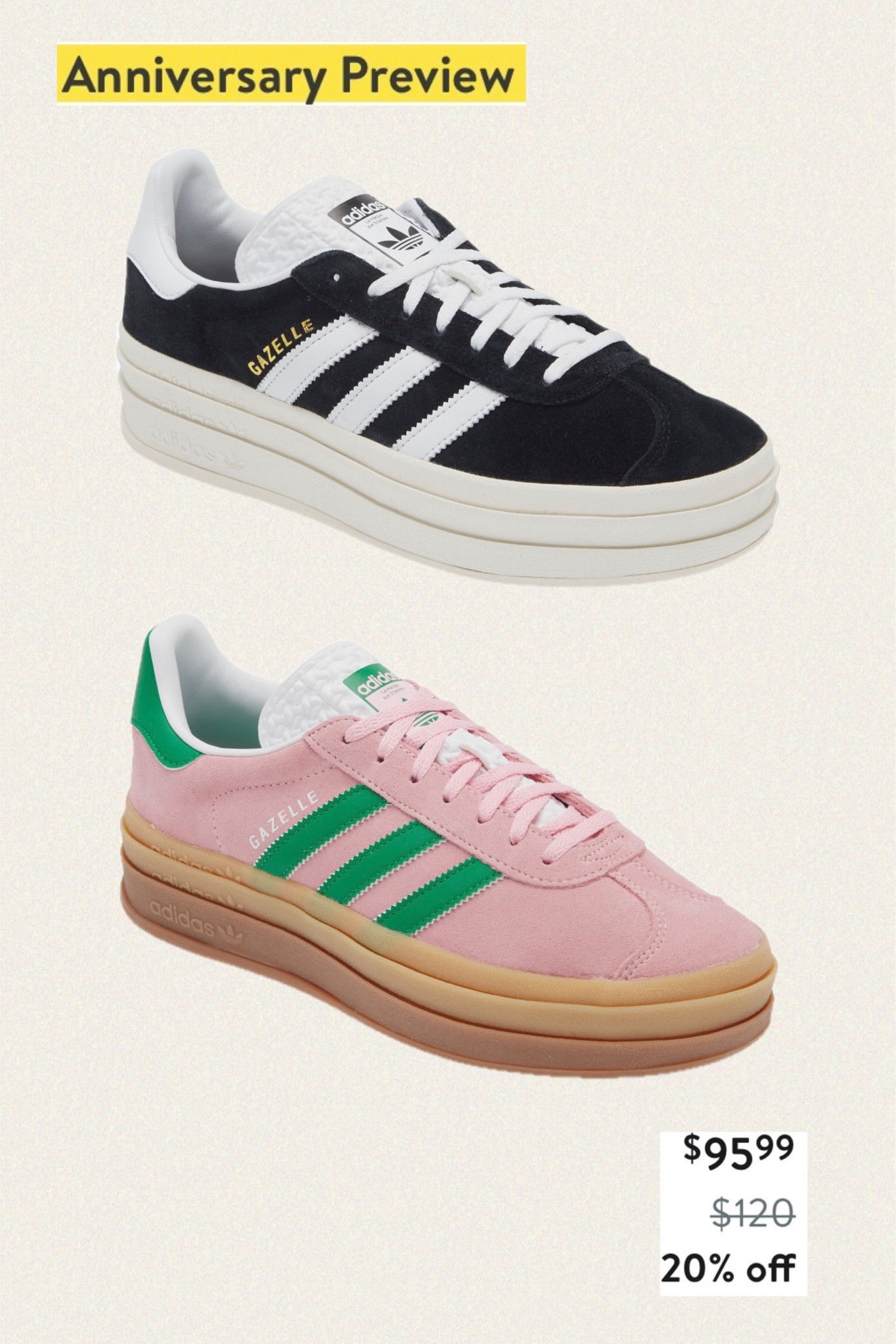 Nordstrom Anniversary Sale Preview!! 
adidas Gazelle Bold Platform
Sneaker will be included in Nsale!! Make your wishlist now. Save the dates : 
Icons Shops
July 9-14
Ambassadors shops
July 10-14
Influencers shops
July 11-14
Anniversary Sale
Everyone else shops
July 15-August 4

#LTKxNSale #LTKShoeCrush #LTKSummerSales