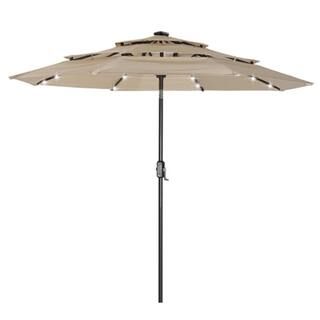 8.85 ft. Dia Market Aluminum Pole and 8 Aluminum Ribs Outdoor Umbrella in Beige with 32 LED Light... | The Home Depot