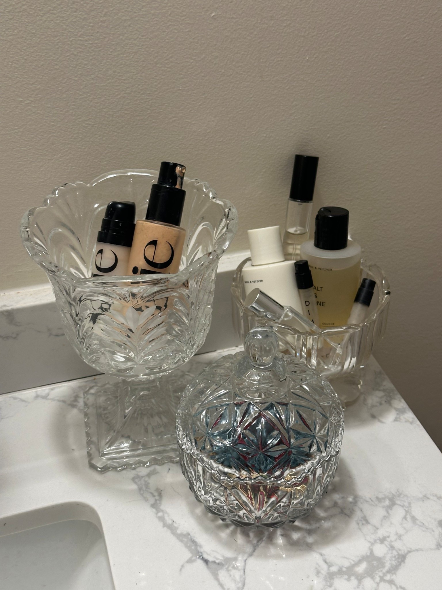 Crystal and cut glass for bathroom vanity grwm styling

#LTKdayinmylife #LTKmorningroutine #LTKgrwm