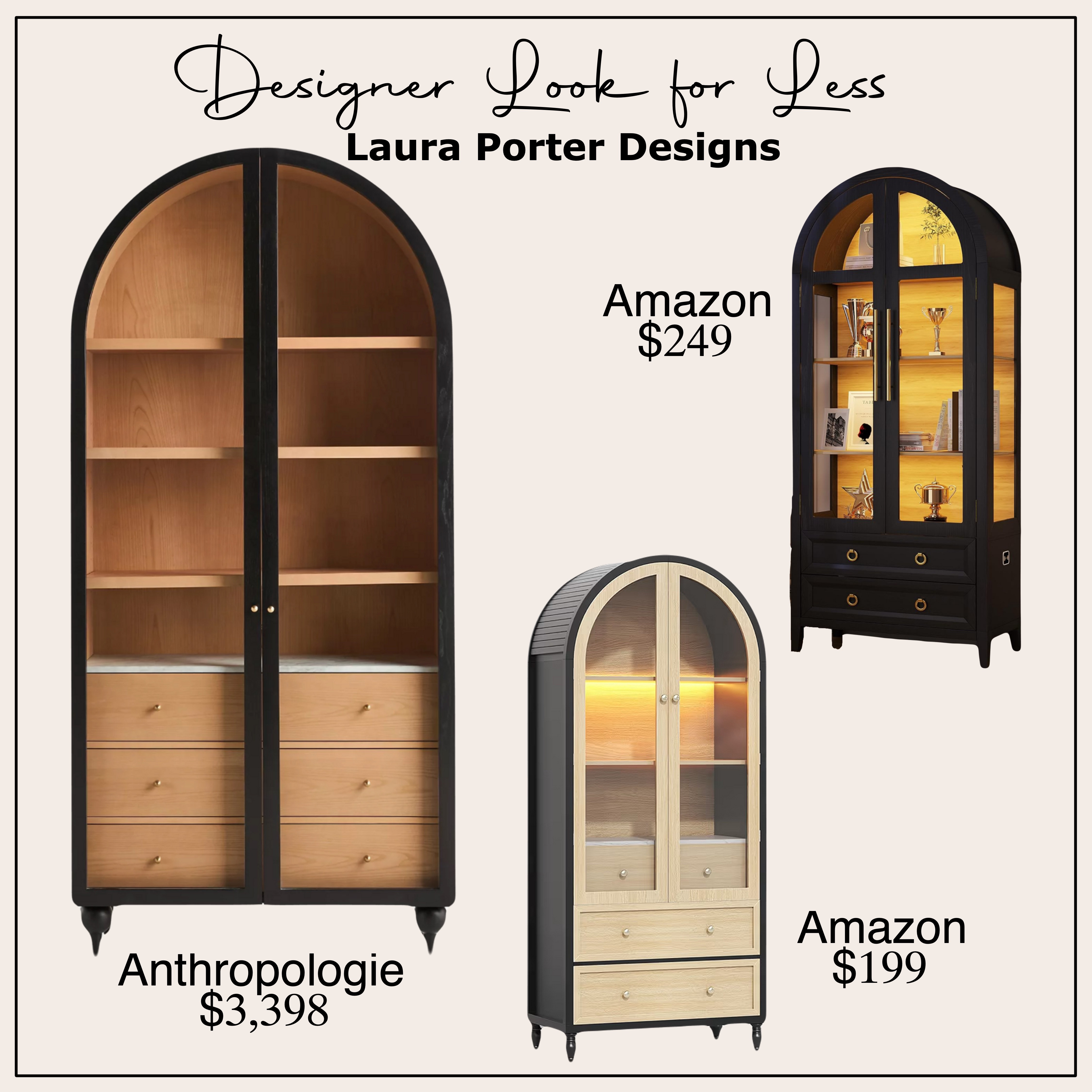 Designer Look for Less!!!
These Amazon black arched cabinets are great value pieces to replace the Anthropologie Fern Marble Cabinets. 

#lauraporterdesigns #lookforless #cabinet #archedcabinets #glasscabinets #amazon #anthropologie #amazonfurniture #budgetfurniture  

 

#LTKOver40 #LTKHome