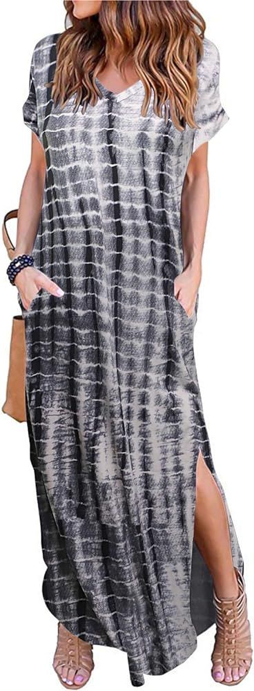 HUSKARY Women's Summer Maxi Dress Casual Loose Pockets Long Dress Short Sleeve Split | Amazon (US)