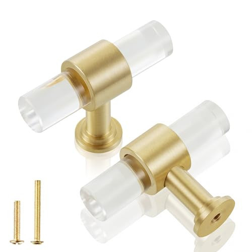 QOGRISUN 10-Pack Acrylic Cabinet Knobs with Brass Base,Gold Modern Drawer Euro Style T Bar Handles, Kitchen Dresser Drawer Clear Glass Crystal Pulls,2-inch Total Length | Amazon (US)