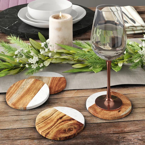 Ivy Round Marble and Mango Wood Coaster (Set of 4) | Wayfair North America