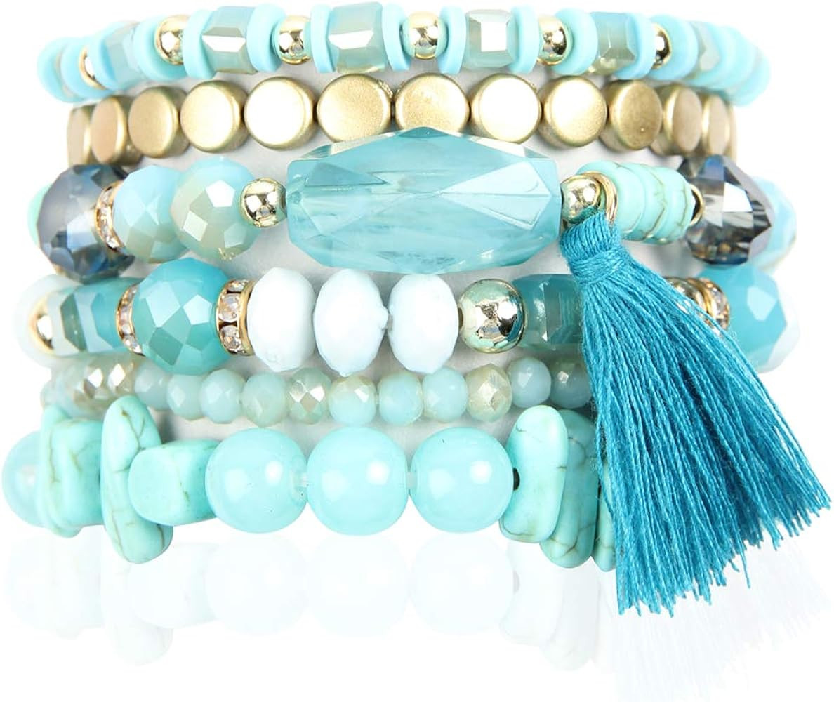 RIAH FASHION Coin Bead Multi Layer Versatile Statement Bracelets - Stackable Beaded Strand Stretc... | Amazon (US)