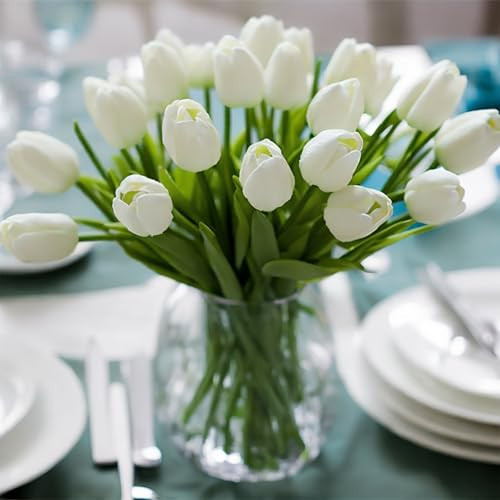 WeTop 30pcs Real Touch Tulips PU Artificial Flowers, Fake Tulips Flowers for Arrangement Wedding Party Easter Spring Home Dining Room Office Decoration. (White) | Amazon (US)