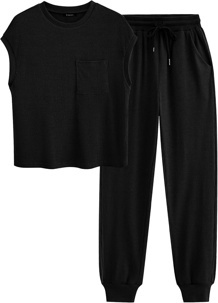 BTFBM Women's Two Piece Tracksuit Short Sleeve Tops Long Pants With Drawstring Outfits Jogger Set... | Amazon (US)
